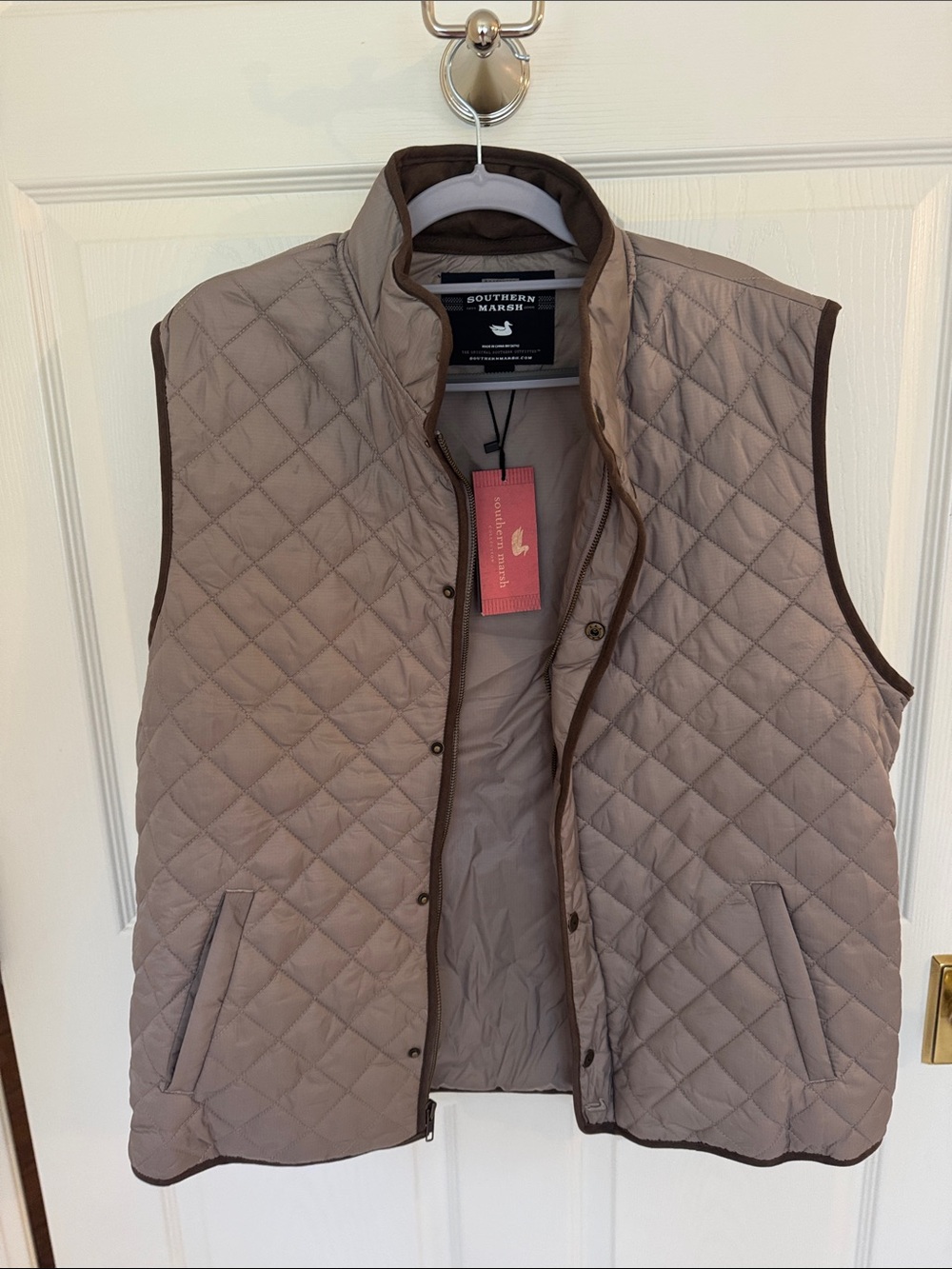 Southern Marsh Quilted Vest in Taupe with Brown Trim